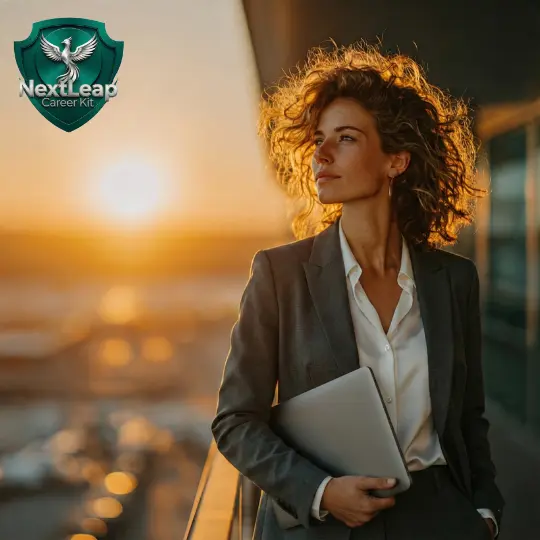 A dynamic shot of a person confidently walking into a modern office building, symbolizing a new career step.